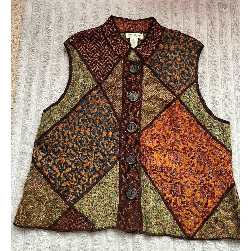 Vtg Orvis Rustic Patchwork Vest XL Fair Isle Tapestry Mock Neck Sweater Button